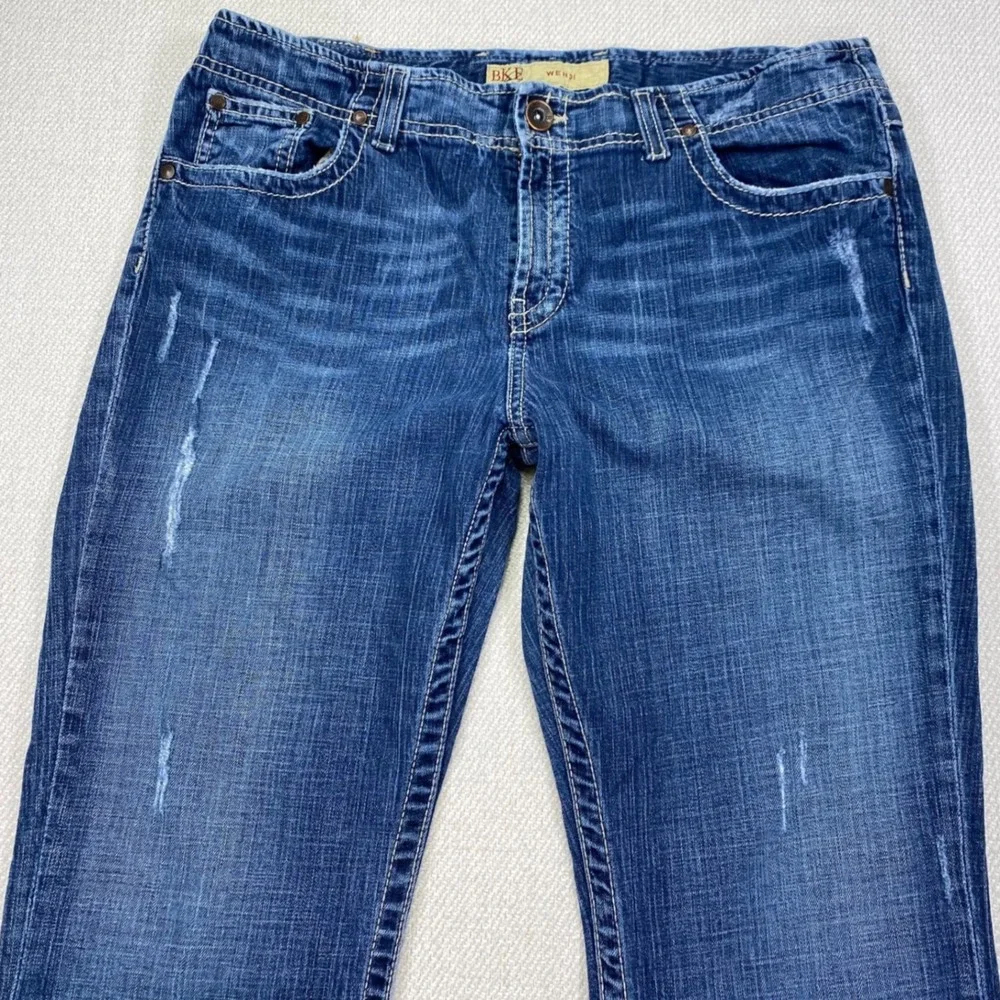 BKE Wendi Bootcut Jeans Womens 34x33.5 Blue Distressed Stretch Denim BKL4002L